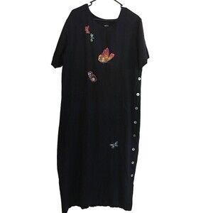 Flights Of Fancy Hand Painted Dress Women's Size XL Black Floral Linen Cotton